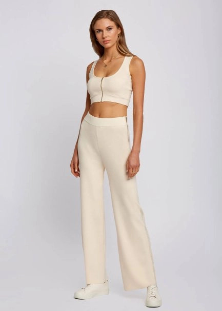 Side Zip Straight Leg Cream Knit Pants - 2
