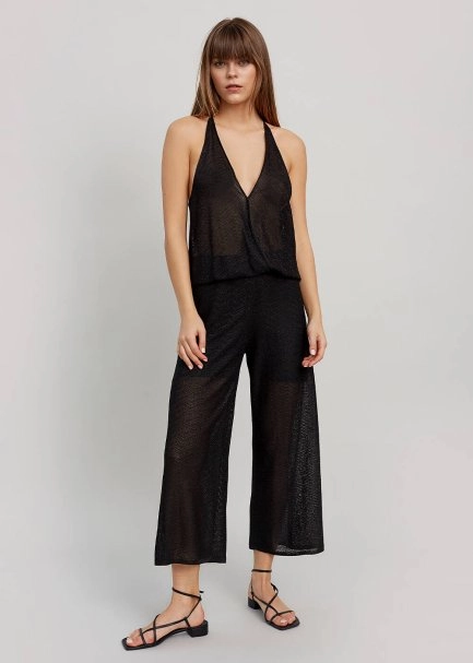 Sırt Detaylı Derin V Yaka Siyah Triko Tulum - 1