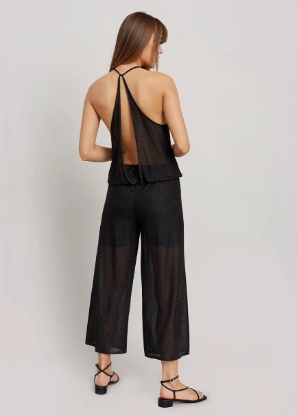 Sırt Detaylı Derin V Yaka Siyah Triko Tulum - 3