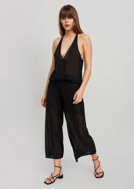 Sırt Detaylı Derin V Yaka Siyah Triko Tulum - 5