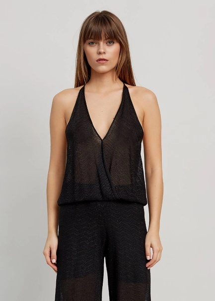 Sırt Detaylı Derin V Yaka Siyah Triko Tulum - 7