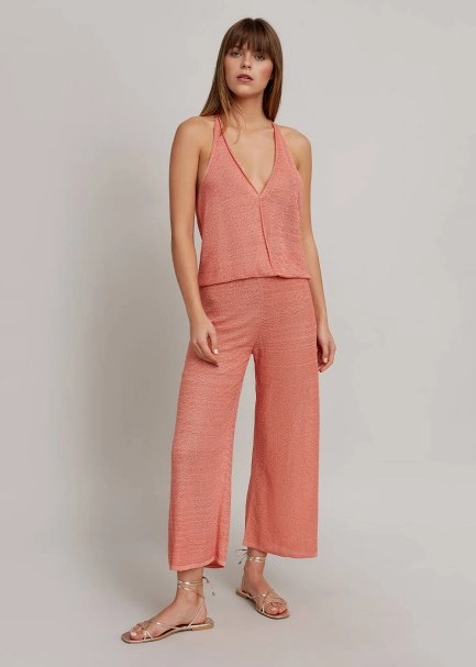 Sırt Detaylı Derin V Yaka Somon RENGİ Triko Tulum - 1