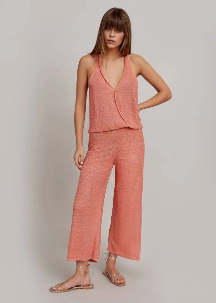 Sırt Detaylı Derin V Yaka Somon RENGİ Triko Tulum - 2