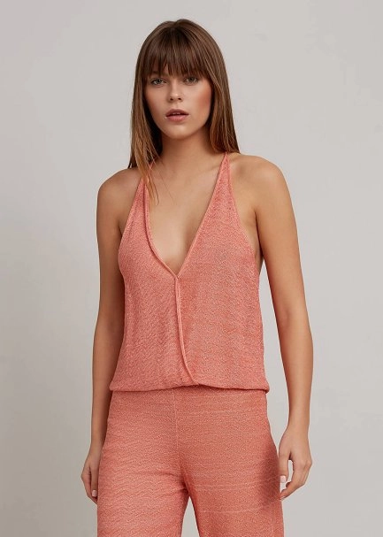 Sırt Detaylı Derin V Yaka Somon RENGİ Triko Tulum - 5