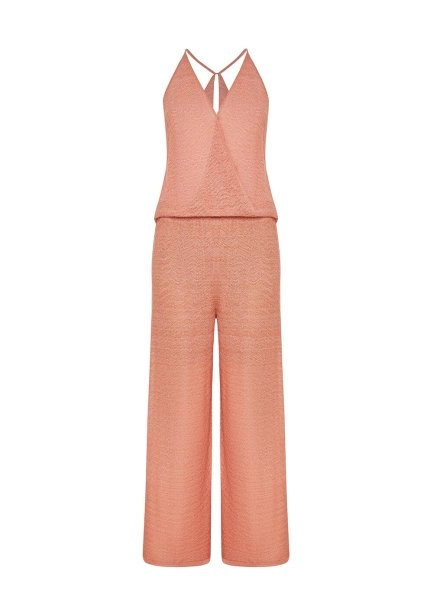 Sırt Detaylı Derin V Yaka Somon RENGİ Triko Tulum - 6