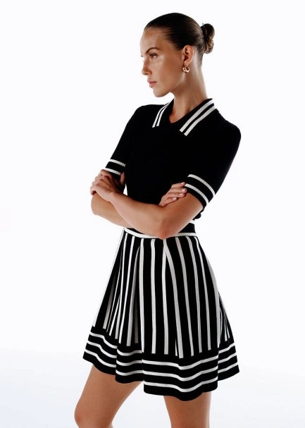Siyah Beyaz Kontrast Çizgili Pileli Triko Elbise - 3