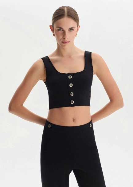 Siyah Crop Triko Üst - 1