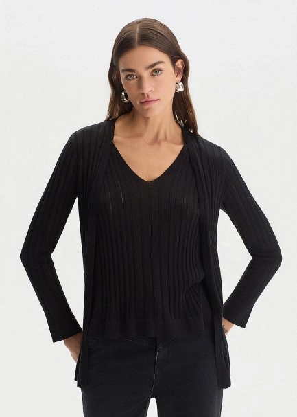 Siyah İpek Karışımlı Triko Hırka - 1