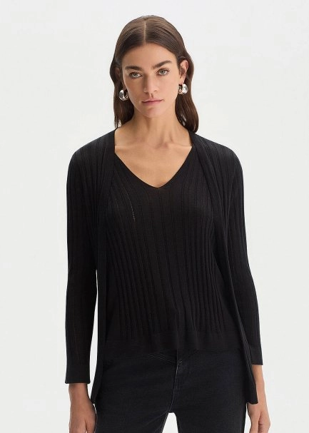 Siyah İpek Karışımlı Triko Hırka - 4