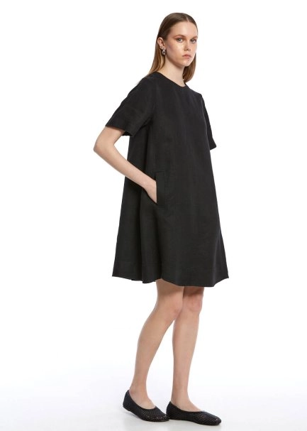 Siyah Mini Keten Elbise - 2