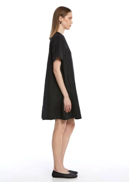 Siyah Mini Keten Elbise - 4