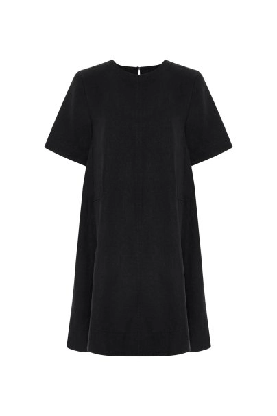 Siyah Mini Keten Elbise - 6