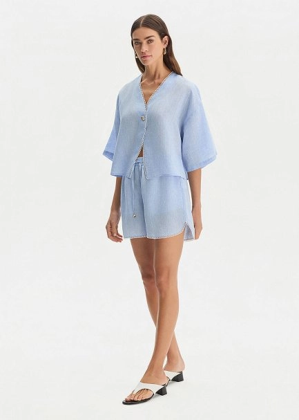 SKY CONTRAST DETAILED LINEN SHORTS - 3