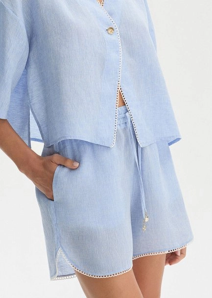 SKY CONTRAST DETAILED LINEN SHORTS - 4