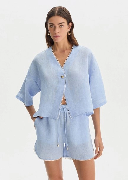 SKY CONTRAST DETAILED LINEN TOP - 3