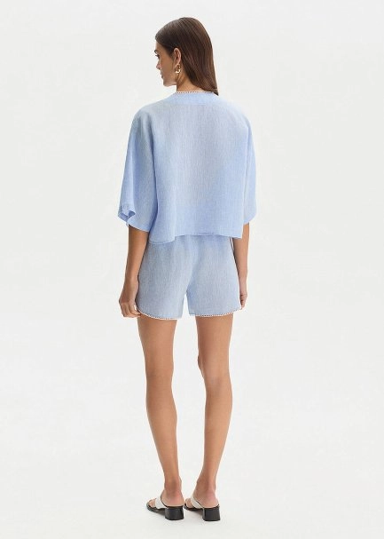 SKY CONTRAST DETAILED LINEN TOP - 5