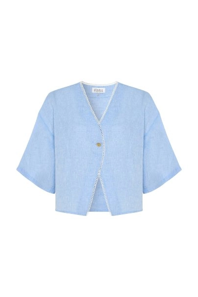 SKY CONTRAST DETAILED LINEN TOP - 6