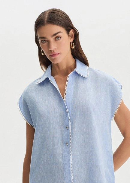 SKY CONTRAST DETAILED LINEN TUNIC - 3