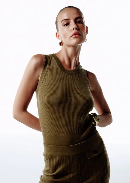 SLEEVELESS MERINO WOOL RICH BLEND KNIT TOP OLIVESTONE - 4