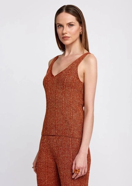 Sleeveless V Neck Cinnamon Knit Top - 4
