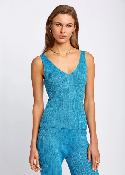 Sleeveless V Neck Sleeveless Turquoise Knit Top - 1