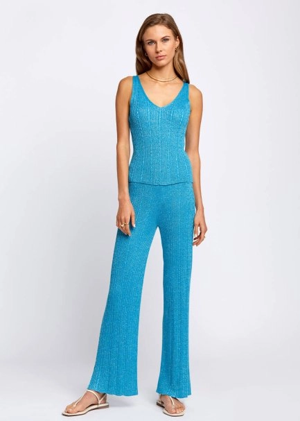 Sleeveless V Neck Sleeveless Turquoise Knit Top - 5