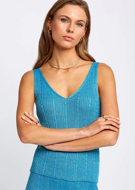 Sleeveless V Neck Sleeveless Turquoise Knit Top - 7