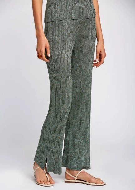 Slit Detailed Loose Fit Green Knit Pants - 1