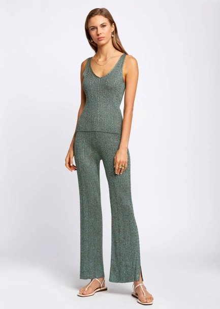 Slit Detailed Loose Fit Green Knit Pants - 2