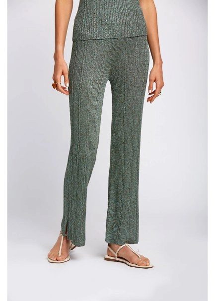 Slit Detailed Loose Fit Green Knit Pants - 4