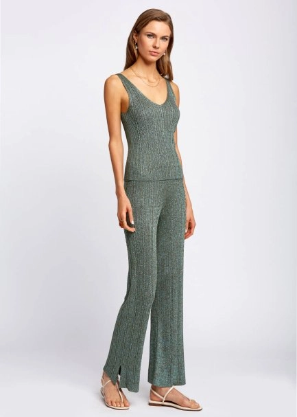 Slit Detailed Loose Fit Green Knit Pants - 5