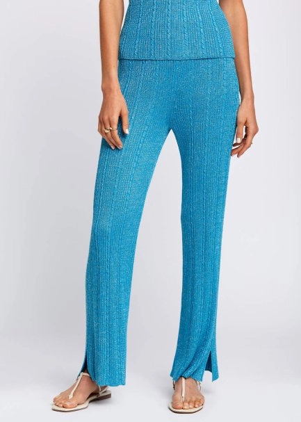 Slit Detailed Loose Fit Turquoise Knit Pants - 1