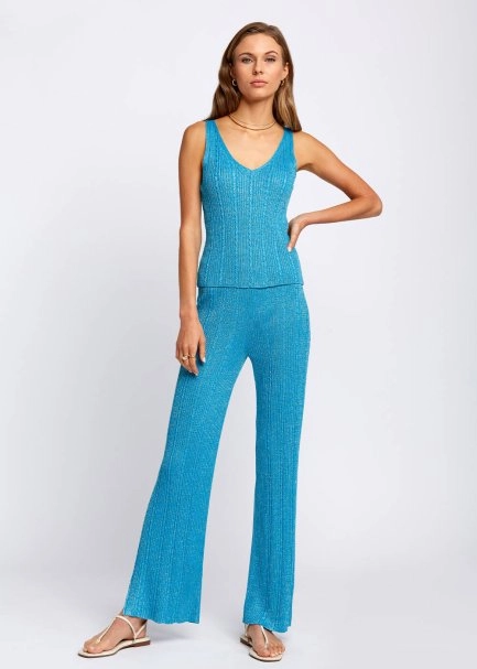 Slit Detailed Loose Fit Turquoise Knit Pants - 2