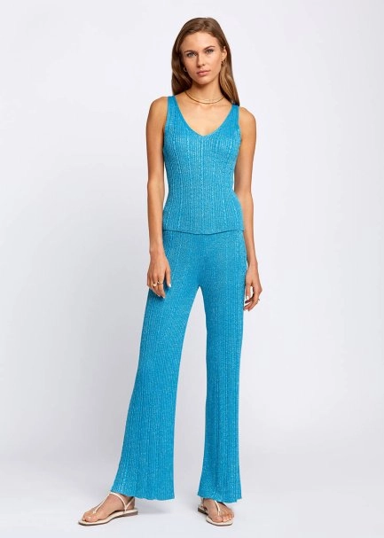 Slit Detailed Loose Fit Turquoise Knit Pants - 5