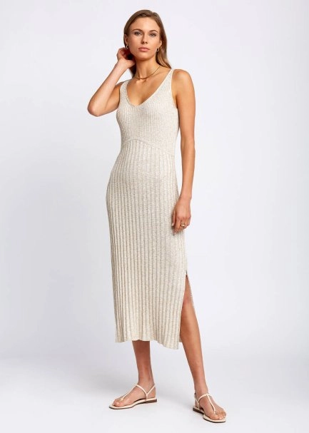 Slit Detailed Midi Glitter Beige Knit Dress - 1