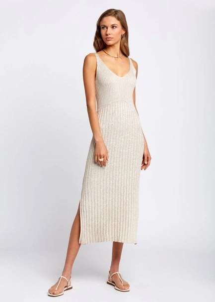 Slit Detailed Midi Glitter Beige Knit Dress - 2