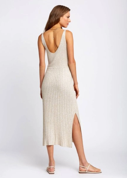 Slit Detailed Midi Glitter Beige Knit Dress - 3
