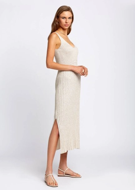 Slit Detailed Midi Glitter Beige Knit Dress - 4