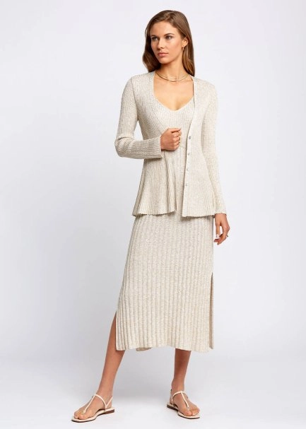 Slit Detailed Midi Glitter Beige Knit Dress - 5