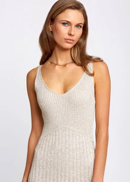 Slit Detailed Midi Glitter Beige Knit Dress - 6