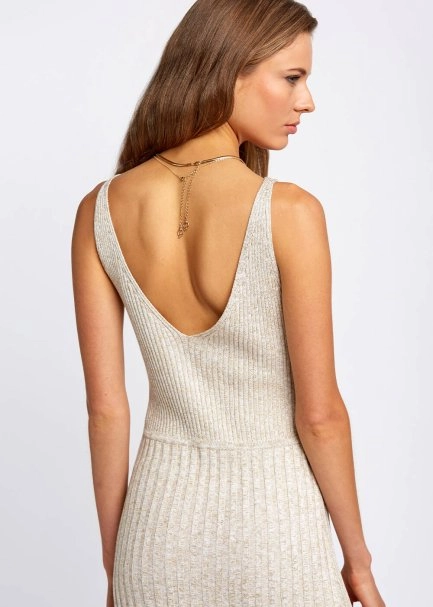 Slit Detailed Midi Glitter Beige Knit Dress - 7