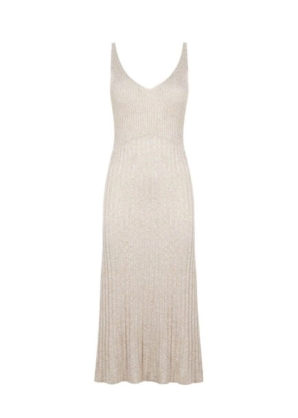 Slit Detailed Midi Glitter Beige Knit Dress - 8