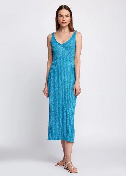 Slit Detailed Midi Glitter Turquoise Knit Dress - 1