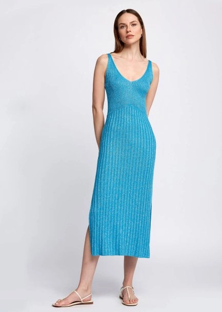 Slit Detailed Midi Glitter Turquoise Knit Dress - 2