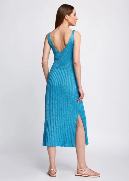 Slit Detailed Midi Glitter Turquoise Knit Dress - 3