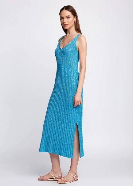 Slit Detailed Midi Glitter Turquoise Knit Dress - 4