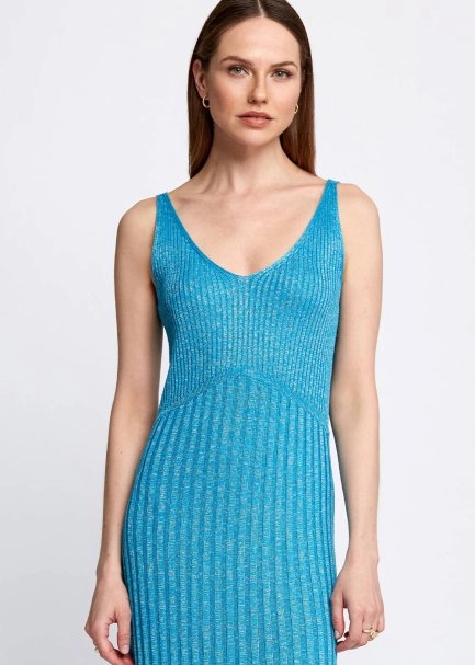 Slit Detailed Midi Glitter Turquoise Knit Dress - 6