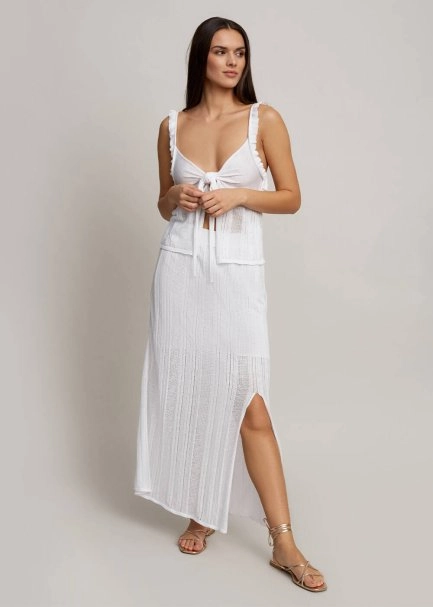 Slit Detailed White Pointelle Knit Skirt - 2