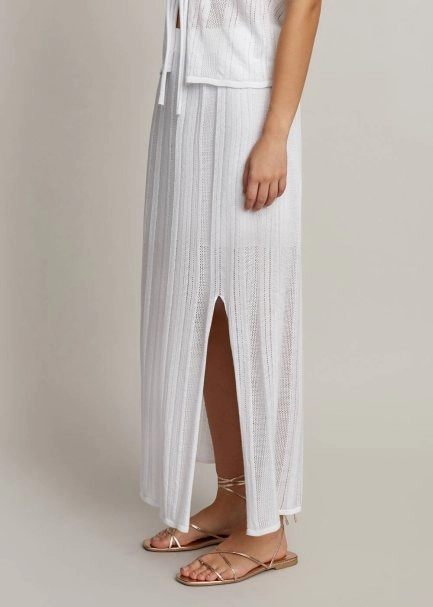 Slit Detailed White Pointelle Knit Skirt - 4