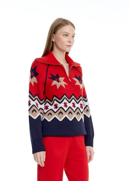 Star Patterned Zip Neck Extrafine Merino Knit Sweater - 4